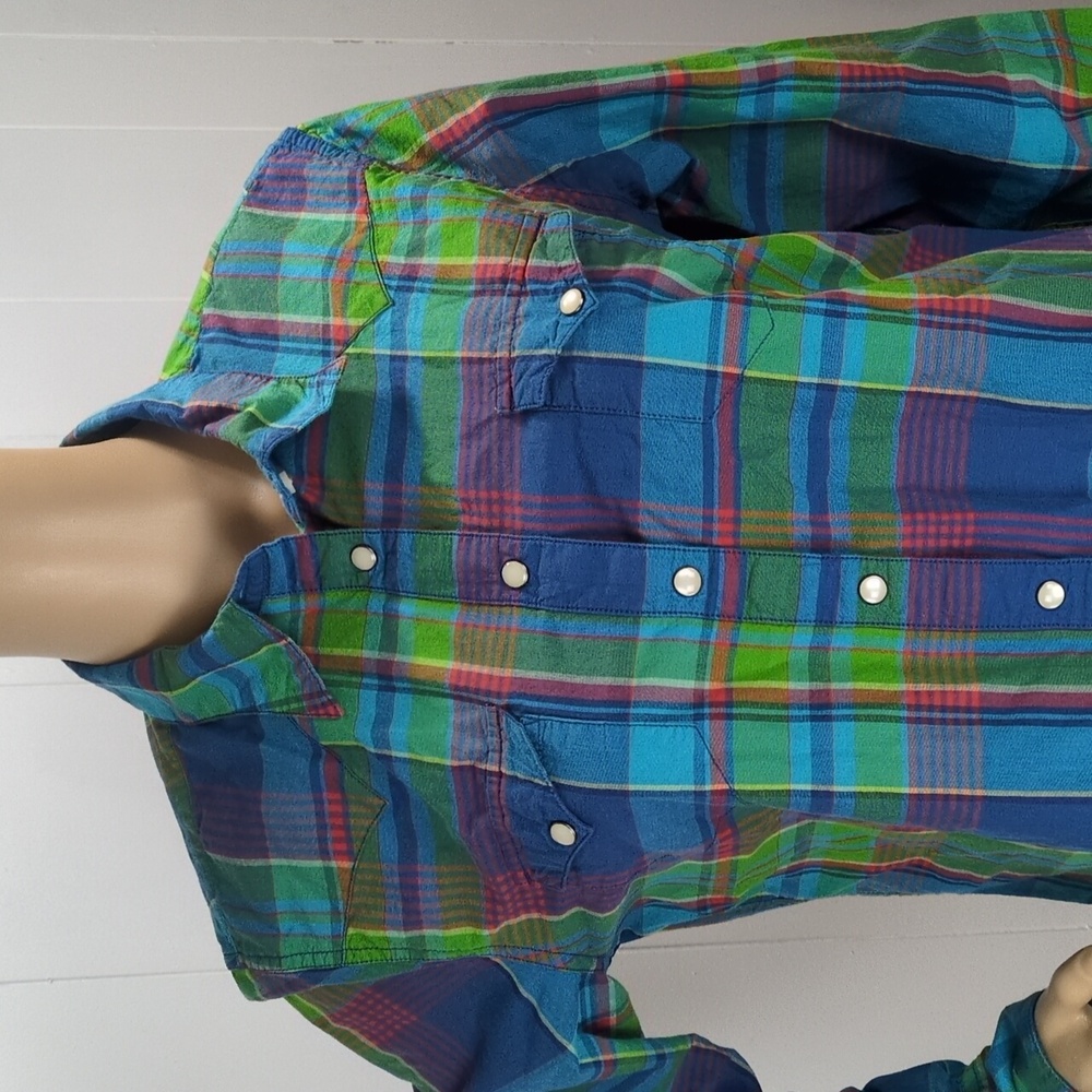 Ralph Lauren Colorful Green & Blue Plaid Snap Button-Up Shirt Large - Picture 3 of 11
